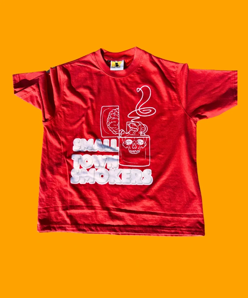 "Small Town Smokers Tee in red with bold graphic design"